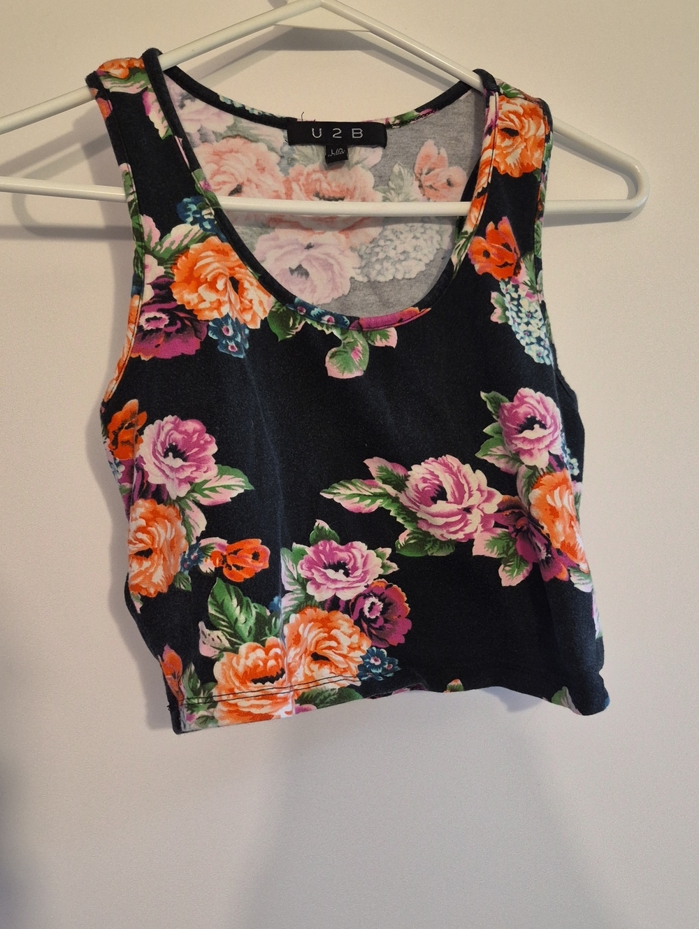 U2B Floral Scoop Crop Top in Black with Orange & Pink Roses